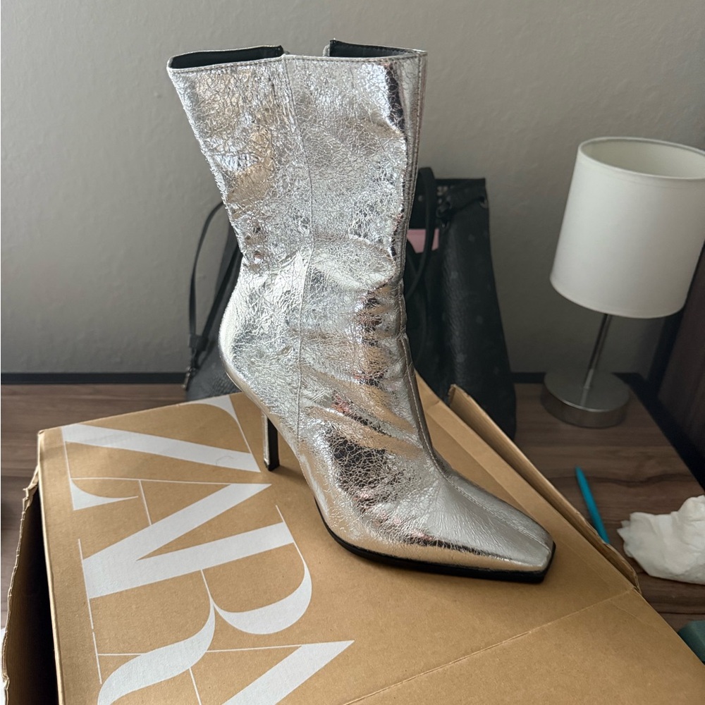 Zara Metallic Silver Heeled Boots